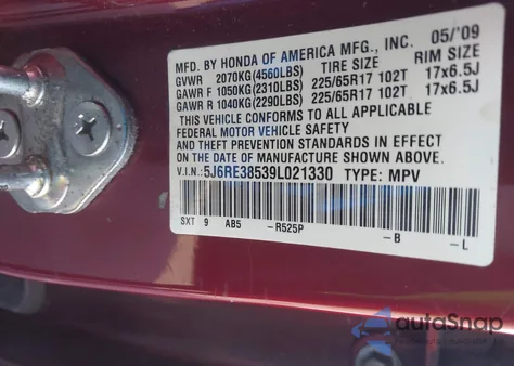 2009 Honda Cr-V Ex z USA, uszkodzony, nr VIN 5J6RE38539L021330